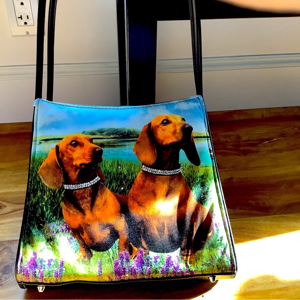 Dachshund purse with rhinestones on front collars